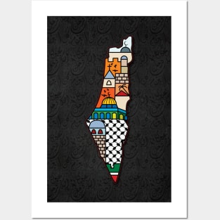 I Love Palestine My Homeland Palestinian Map with Kufiya Hatta Pattern and Most Sacred Cites In Jerusalem -wBG Posters and Art